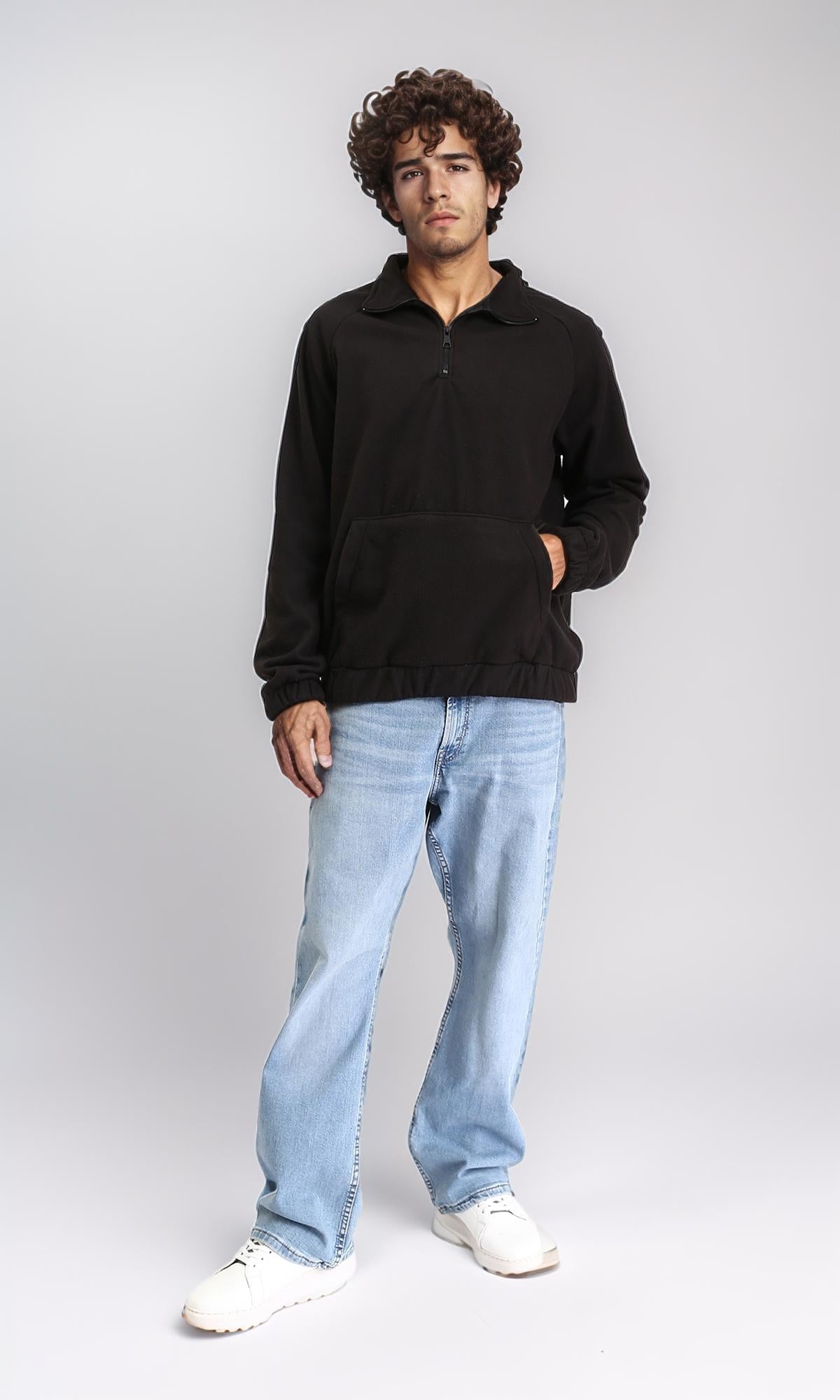 R212780 - Zipper Through Neck Solid Sweater - Black