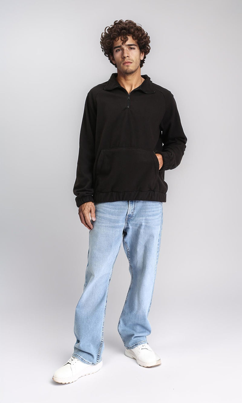 R212780 - Zipper Through Neck Solid Sweater - Black