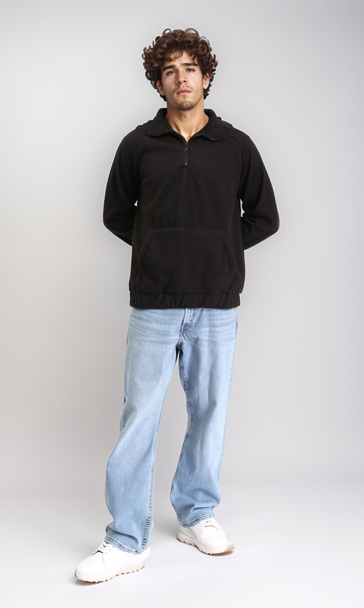 R212780 - Zipper Through Neck Solid Sweater - Black