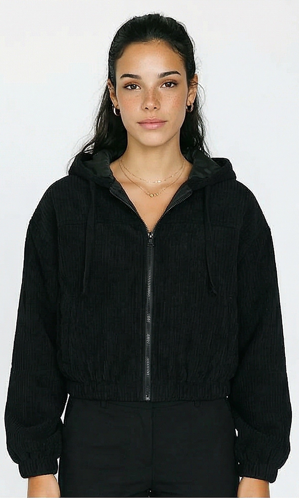 Textured Jacket with Drawstring Hooded Neck - Black