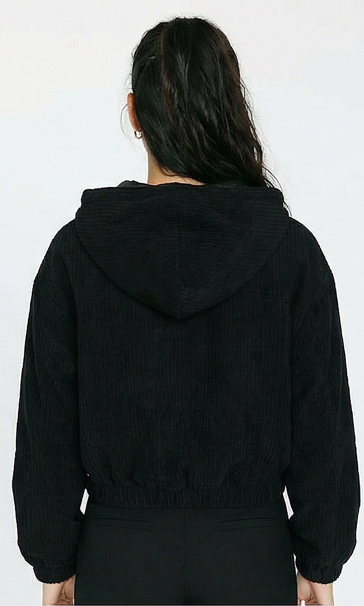 R212781 - Textured Jacket with Drawstring Hooded Neck - Black
