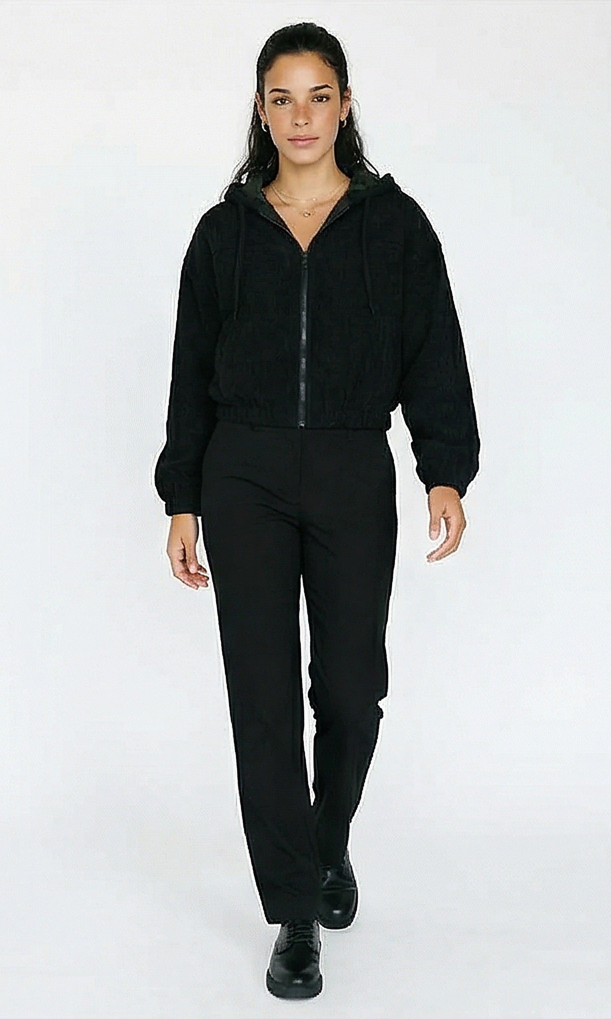 R212781 - Textured Jacket with Drawstring Hooded Neck - Black