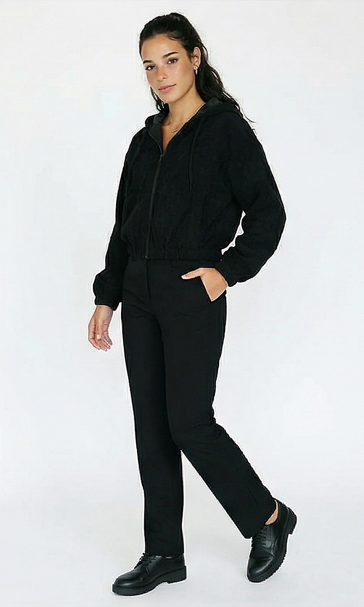 R212781 - Textured Jacket with Drawstring Hooded Neck - Black