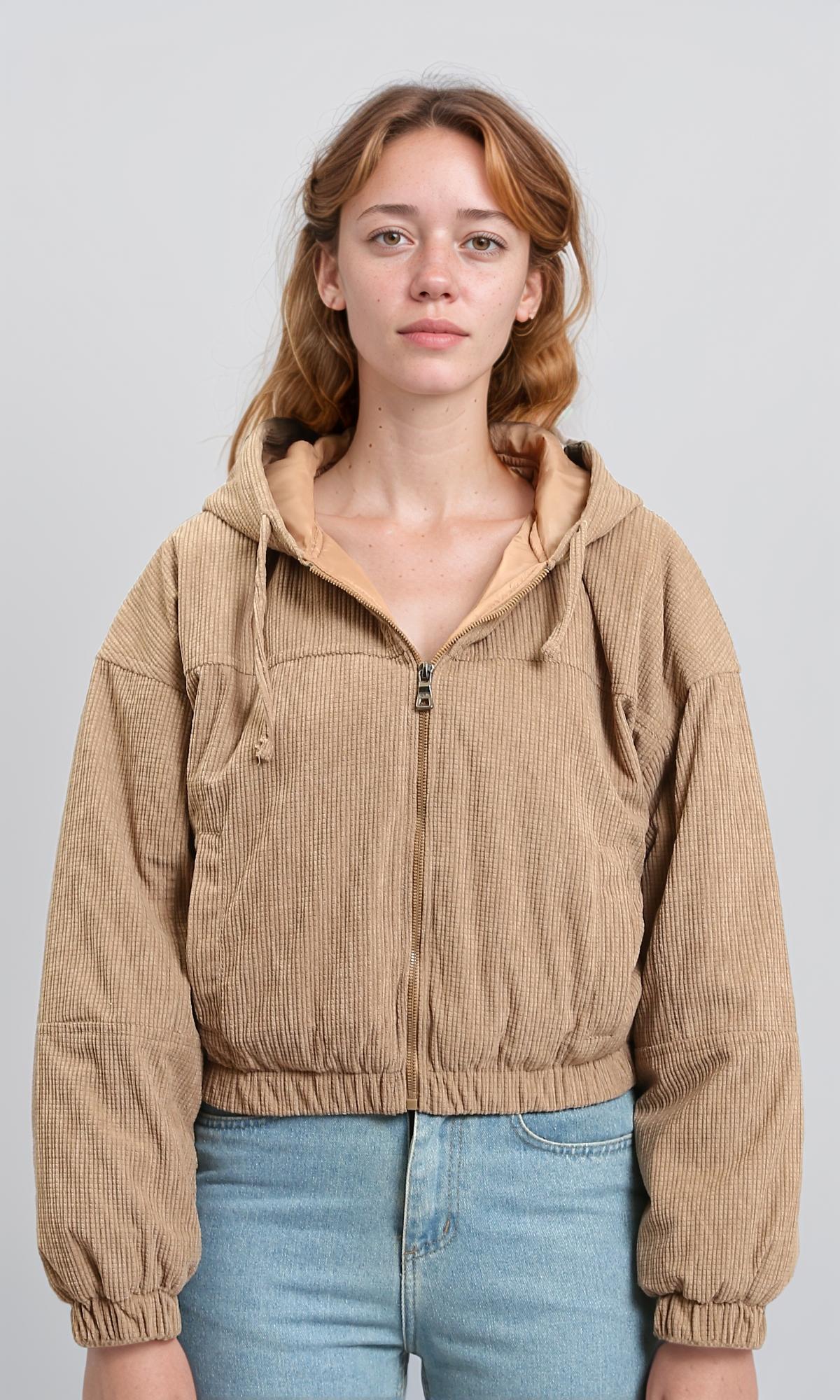 Hooded Neck with Drawstring Jacket - Light Coffee