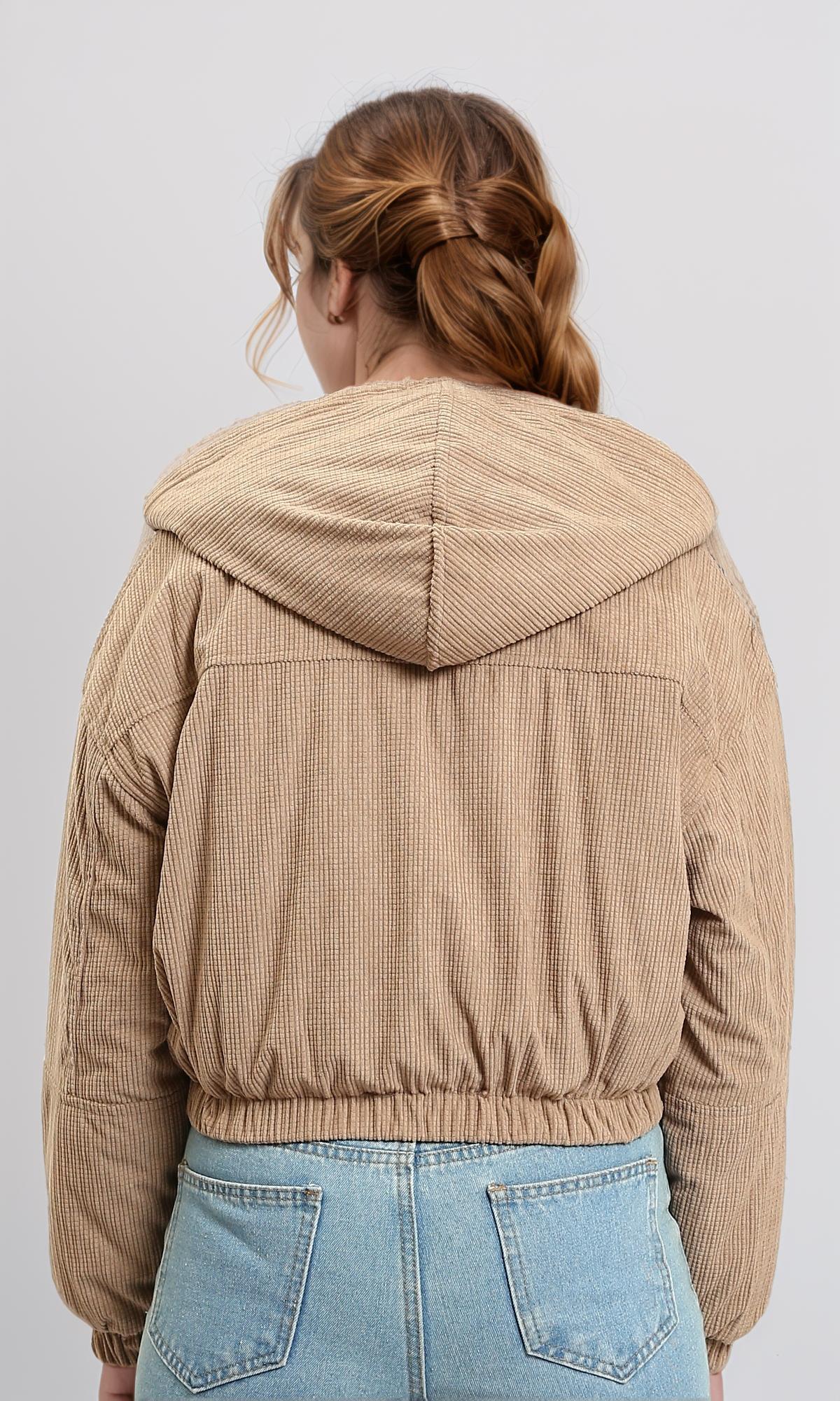 R212782 - جاكيت بغطاء رأس ورباط سحب - لون بني فاتح
