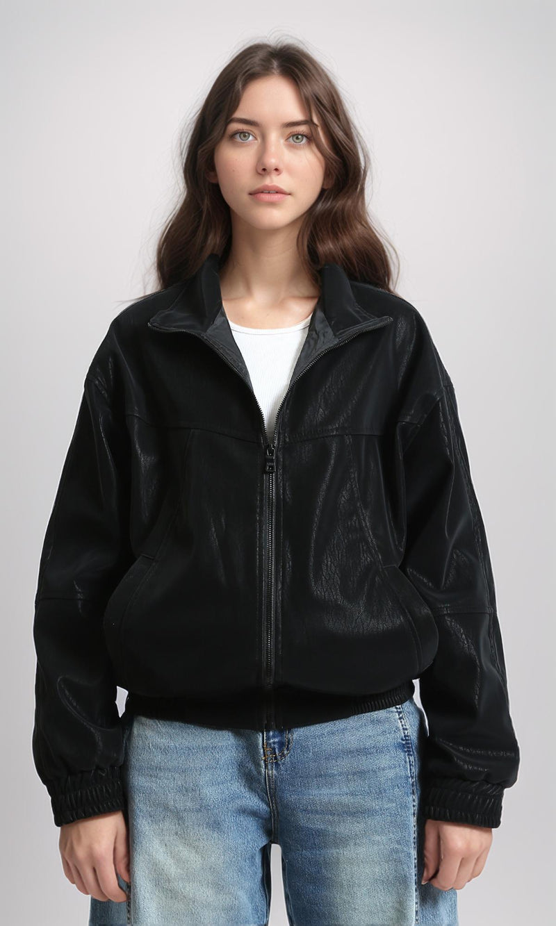 R212786 - Patterned Long Sleeves Zipped Jacket - Black