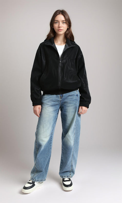 R212786 - Patterned Long Sleeves Zipped Jacket - Black