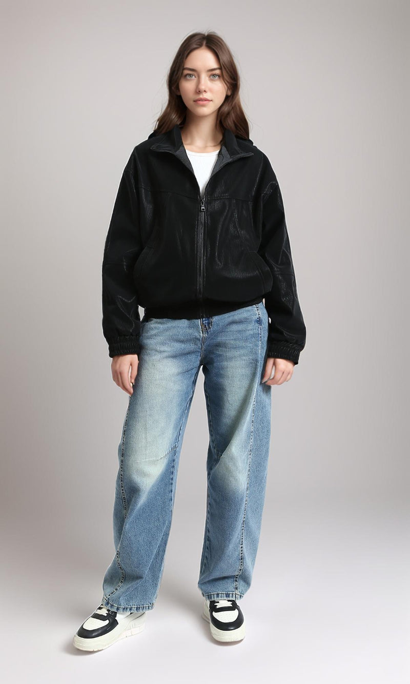 R212786 - Patterned Long Sleeves Zipped Jacket - Black