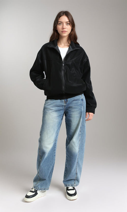 R212786 - Patterned Long Sleeves Zipped Jacket - Black