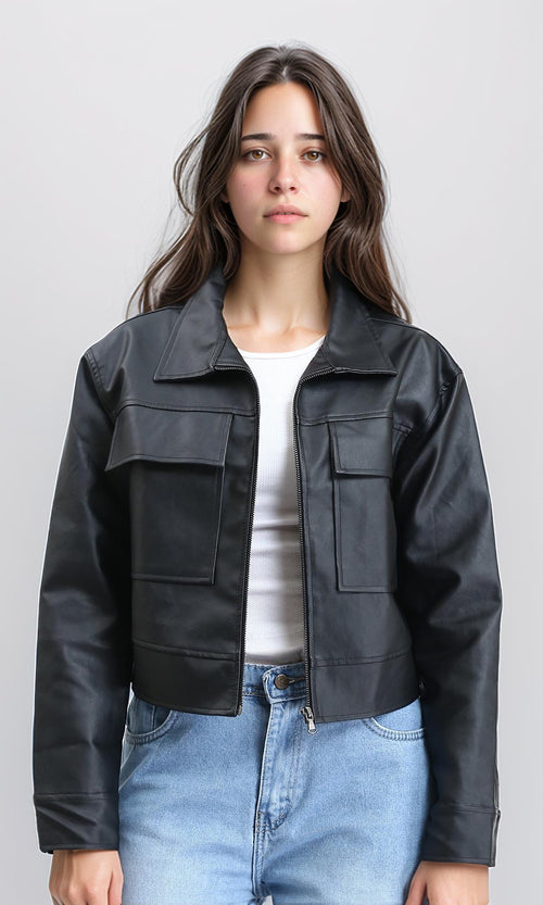 R212788 - Solid Zipped Short Leather Jacket - Black