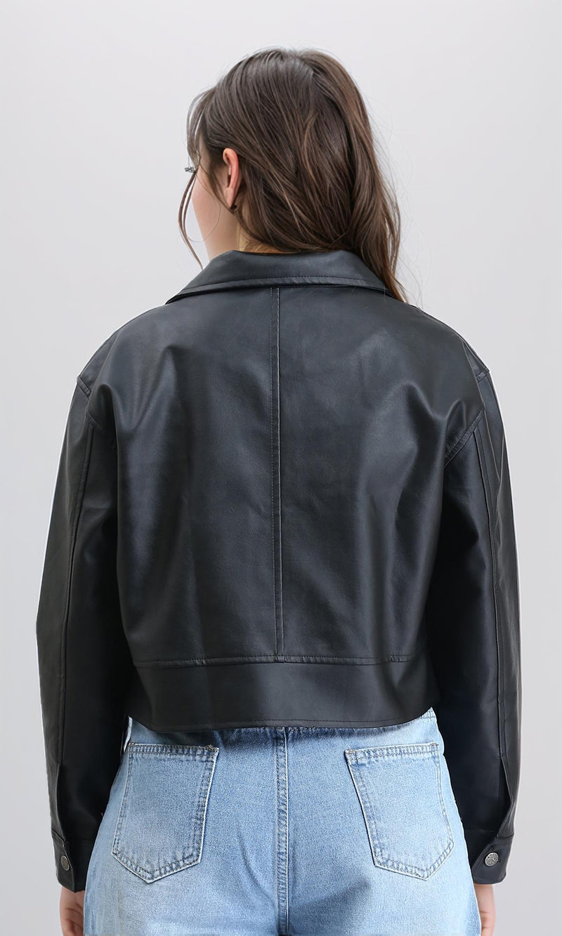 R212788 - Solid Zipped Short Leather Jacket - Black