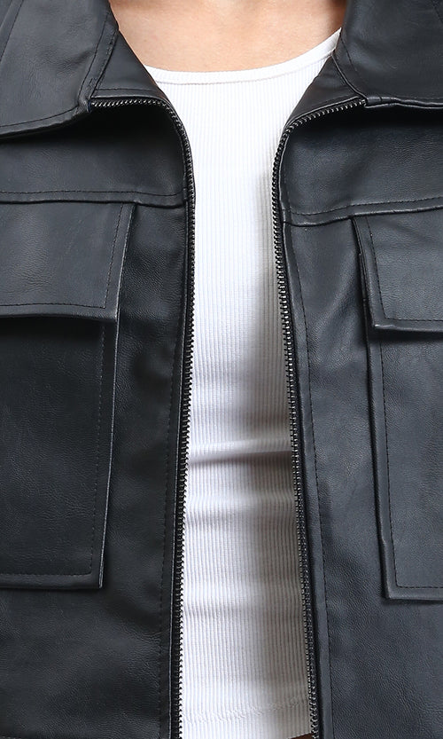 R212788 - Solid Zipped Short Leather Jacket - Black