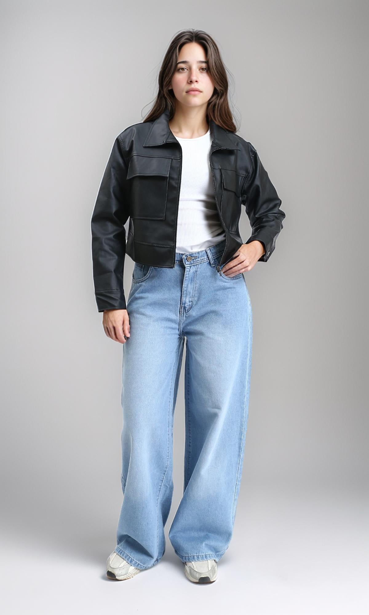 R212788 - Solid Zipped Short Leather Jacket - Black