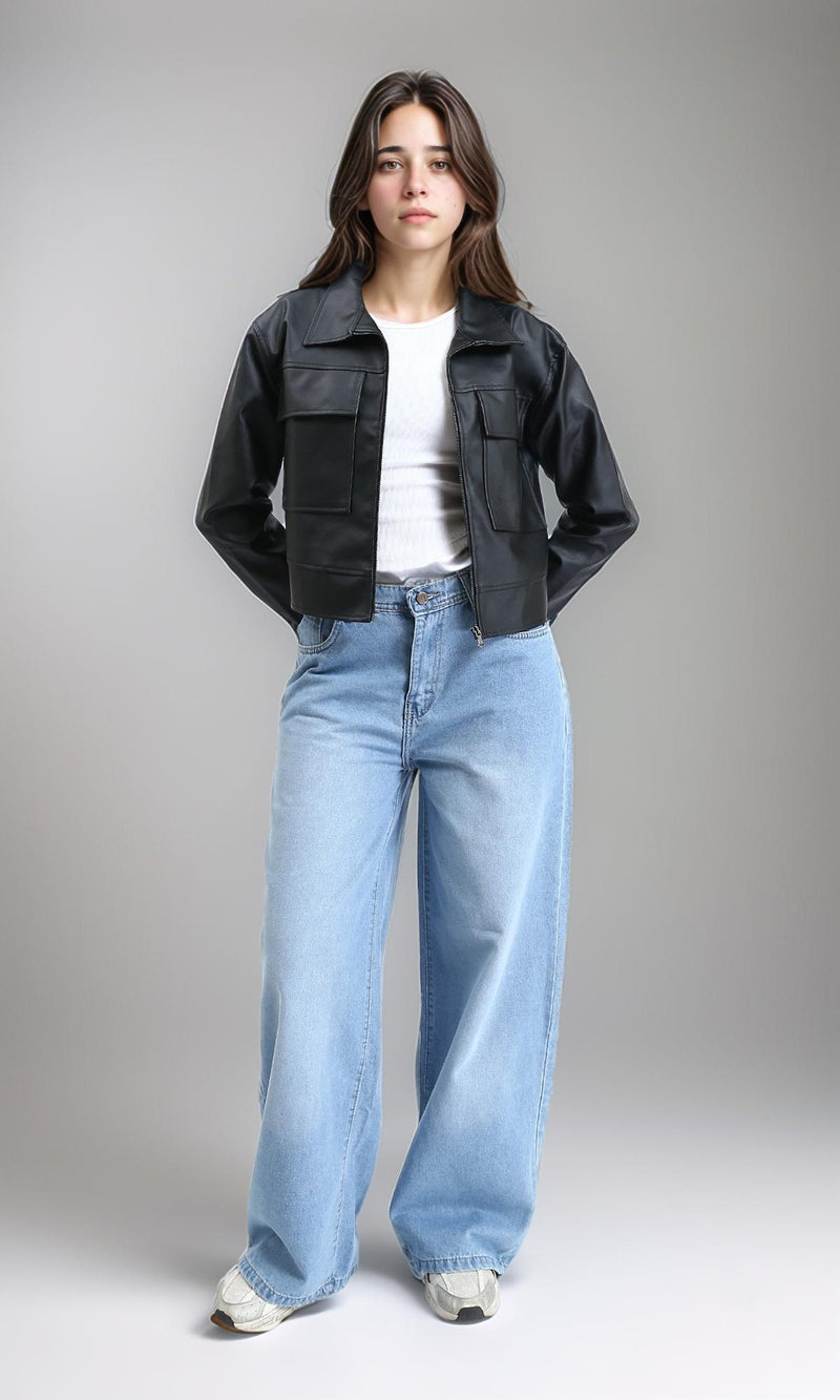 R212788 - Solid Zipped Short Leather Jacket - Black