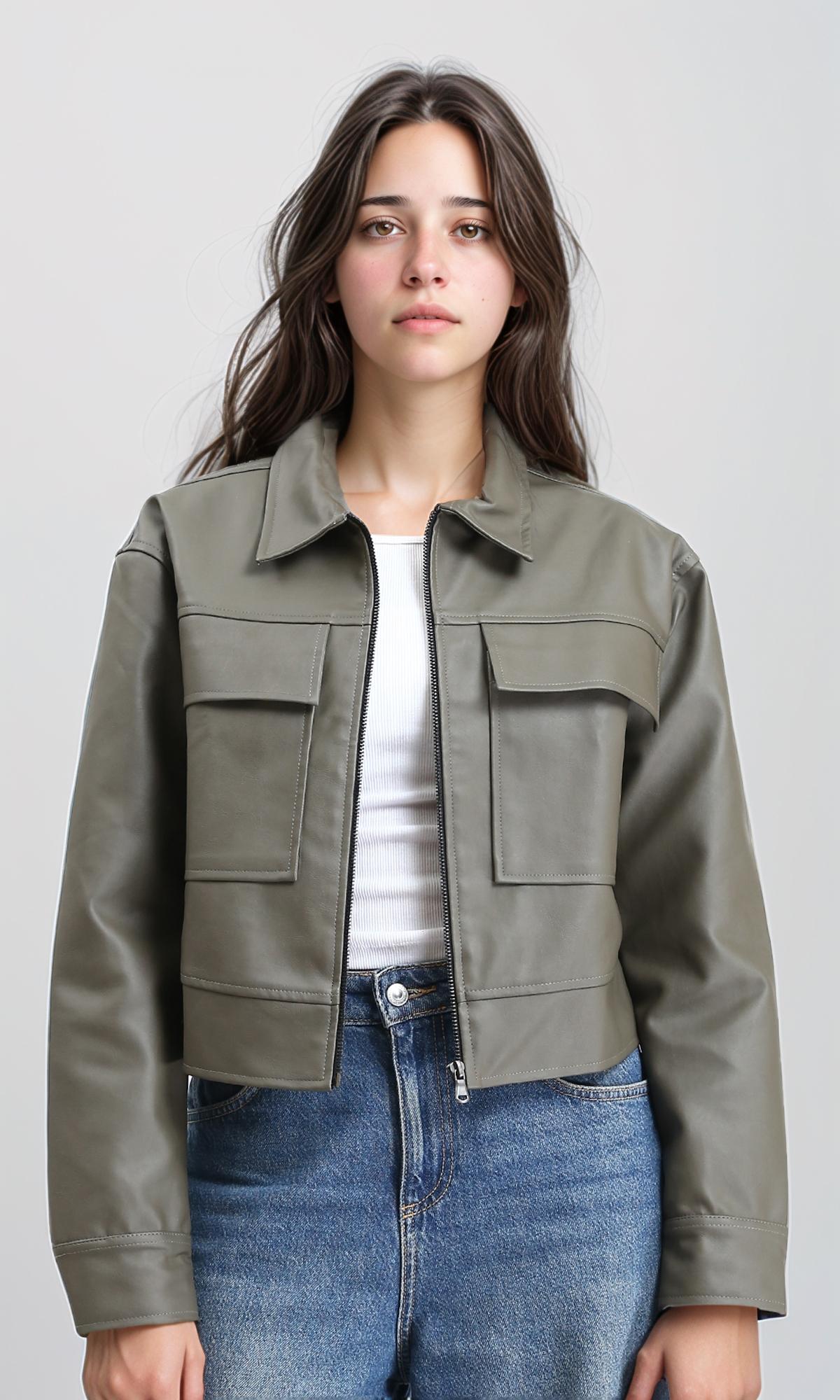 R212790 - Solid Zipped Short Leather Jacket - Dark Khaki