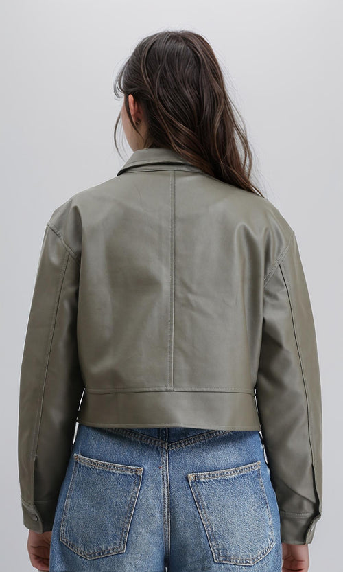 R212790 - Solid Zipped Short Leather Jacket - Dark Khaki