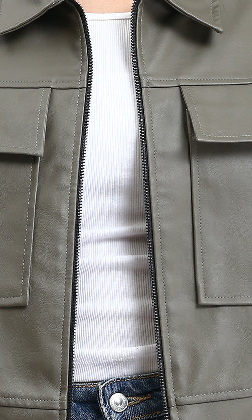 R212790 - Solid Zipped Short Leather Jacket - Dark Khaki