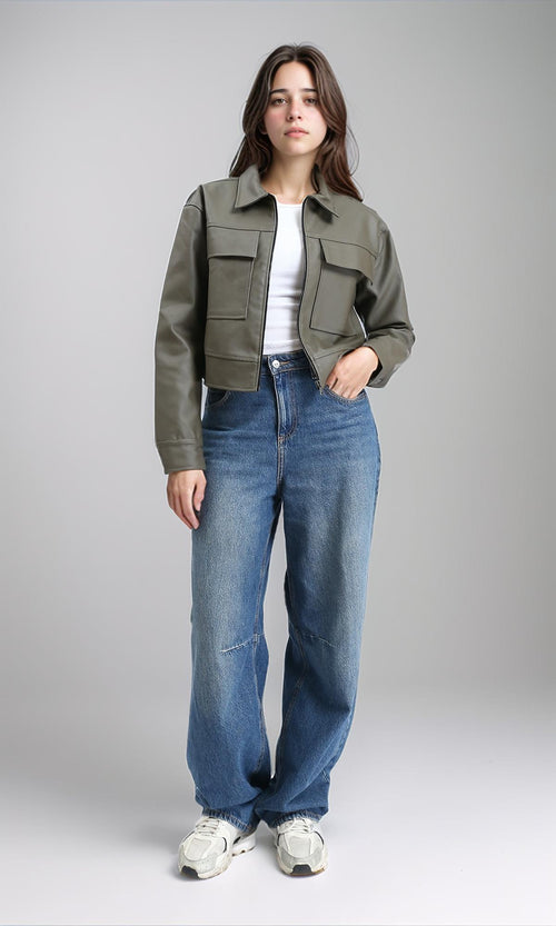 R212790 - Solid Zipped Short Leather Jacket - Dark Khaki