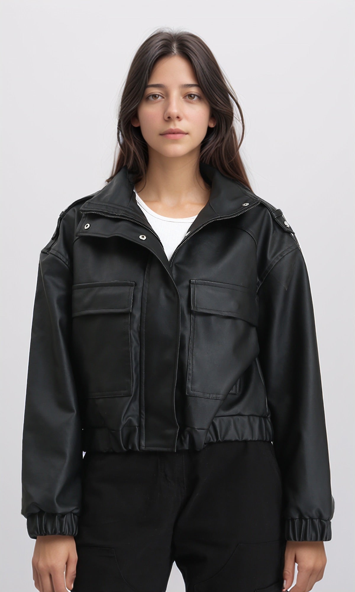 Double Closure Fashionable Leather Jacket - Black