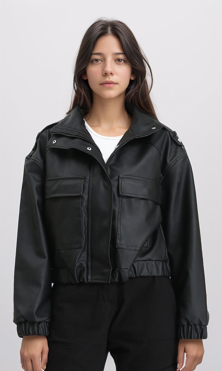 Double Closure Fashionable Leather Jacket - Black
