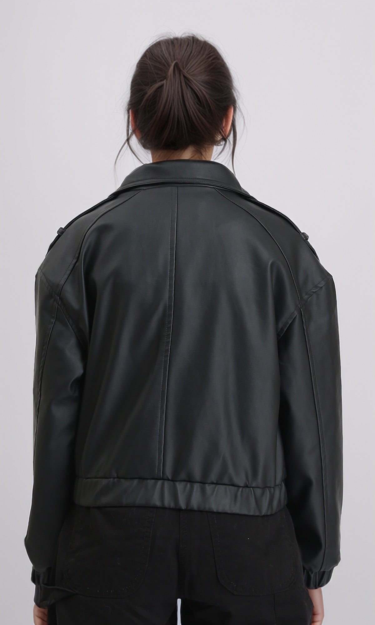 R212791 - Double Closure Fashionable Leather Jacket - Black
