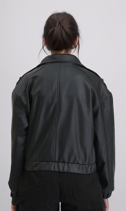 R212791 - Double Closure Fashionable Leather Jacket - Black