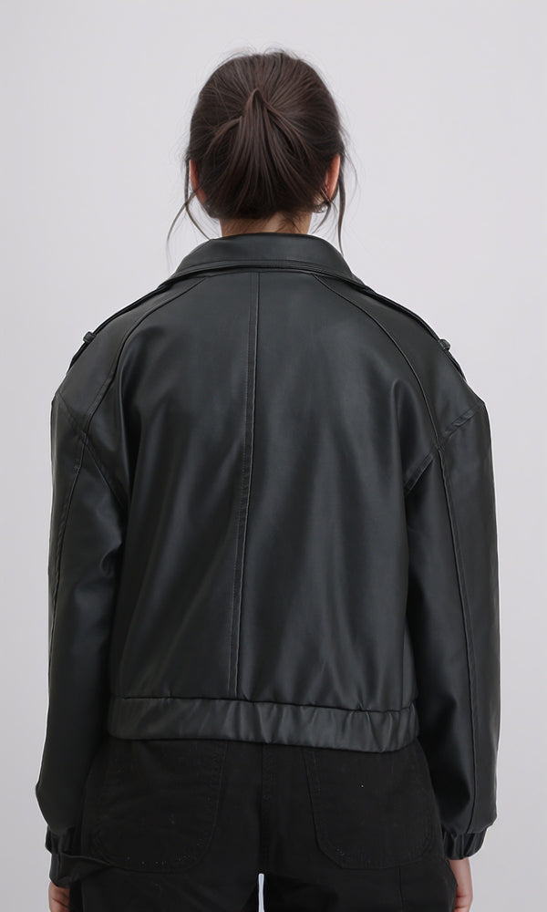 R212791 - Double Closure Fashionable Leather Jacket - Black