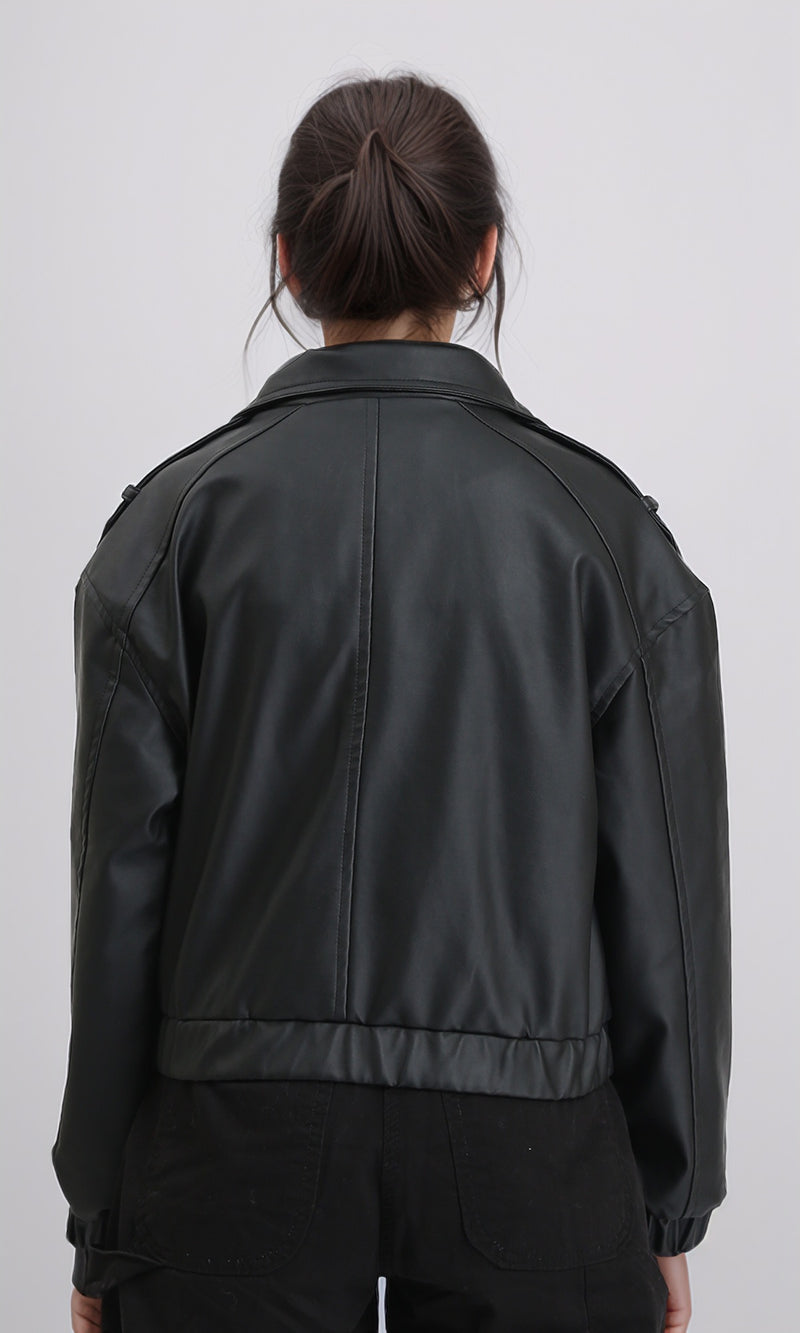 R212791 - Double Closure Fashionable Leather Jacket - Black