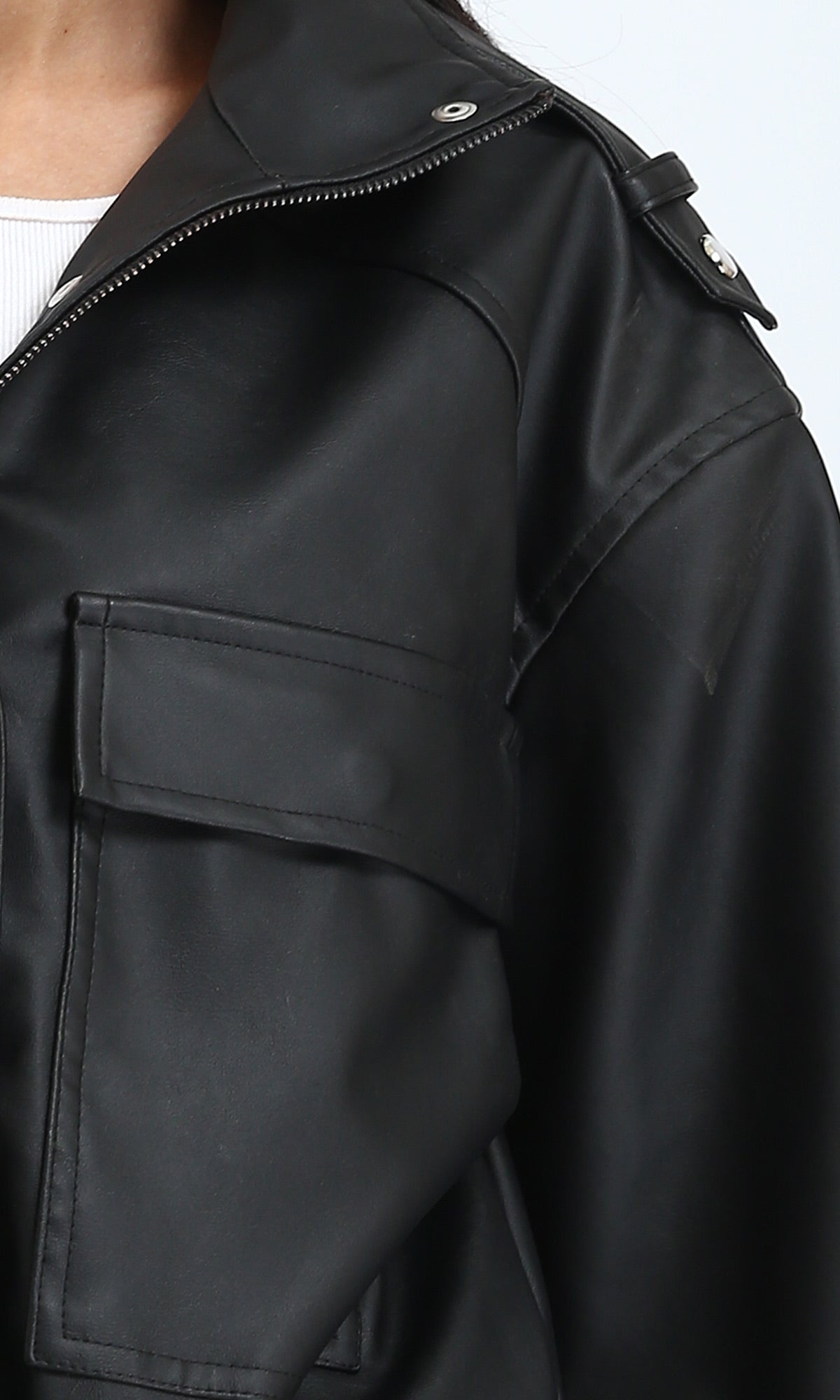 R212791 - Double Closure Fashionable Leather Jacket - Black