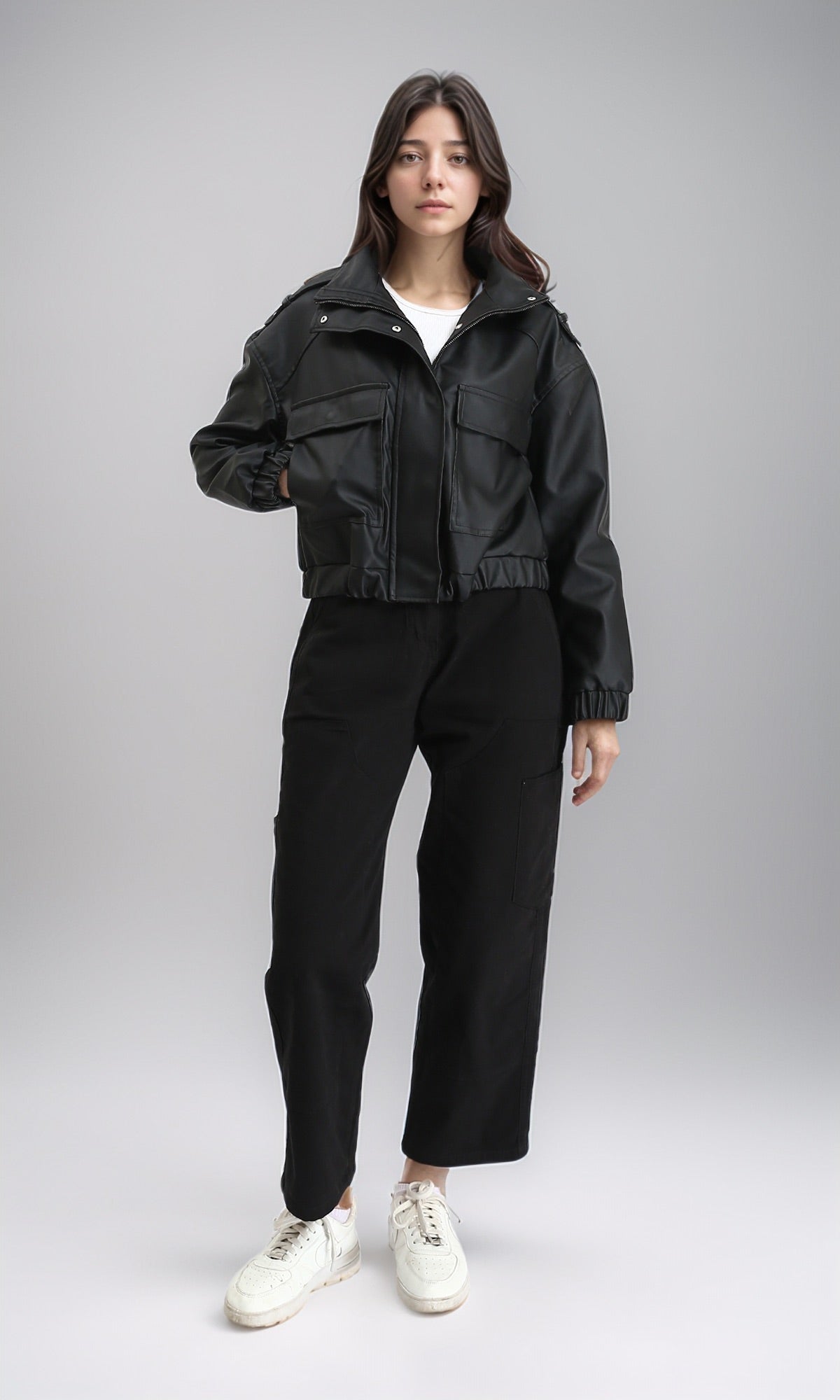 R212791 - Double Closure Fashionable Leather Jacket - Black