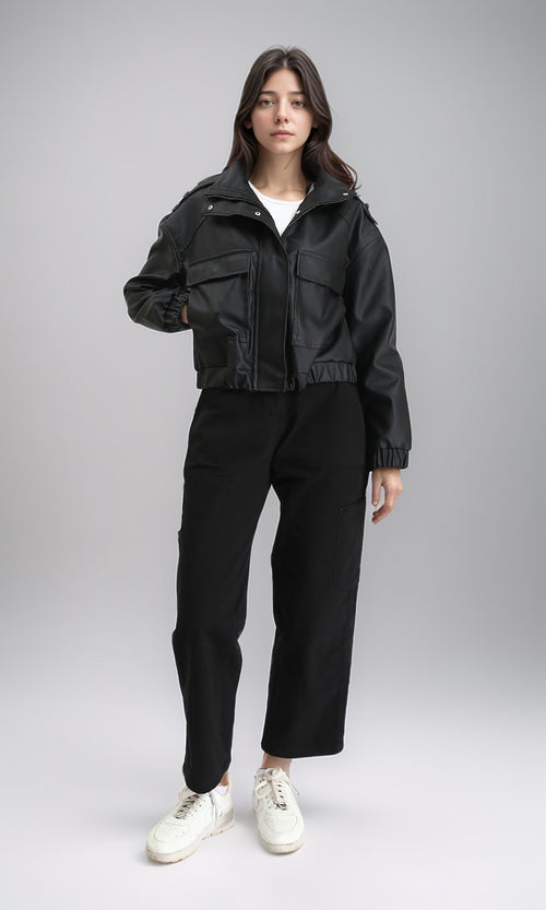 R212791 - Double Closure Fashionable Leather Jacket - Black