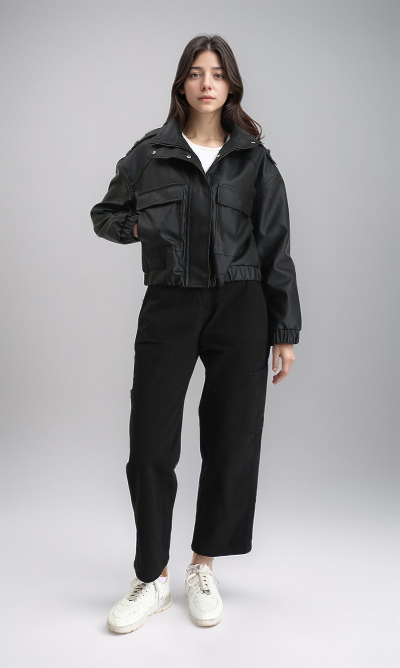 R212791 - Double Closure Fashionable Leather Jacket - Black