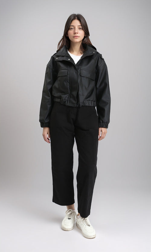 R212791 - Double Closure Fashionable Leather Jacket - Black