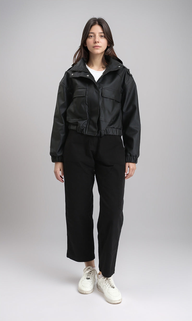 R212791 - Double Closure Fashionable Leather Jacket - Black