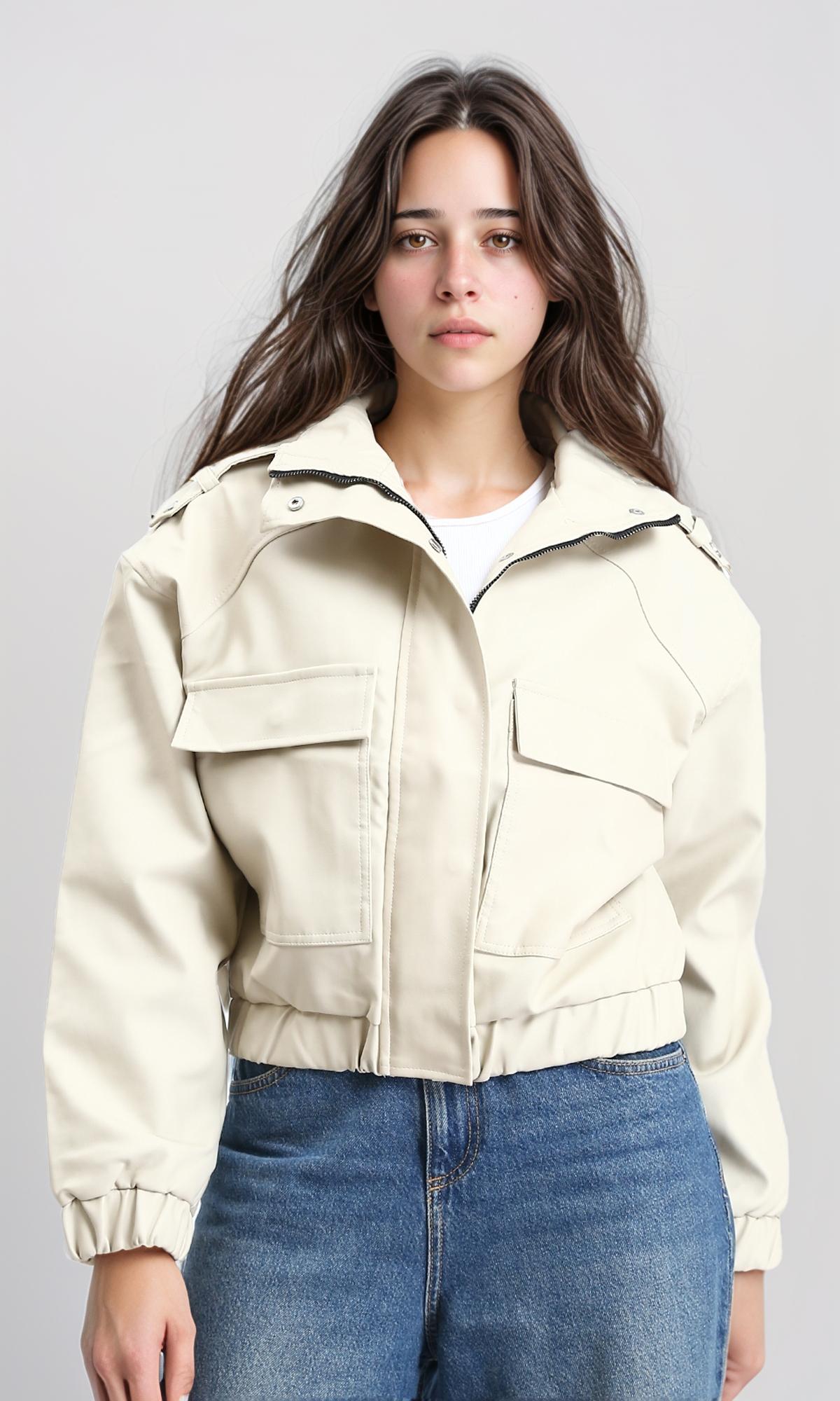 Double Closure Leather Jacket with Hem - Light Beige