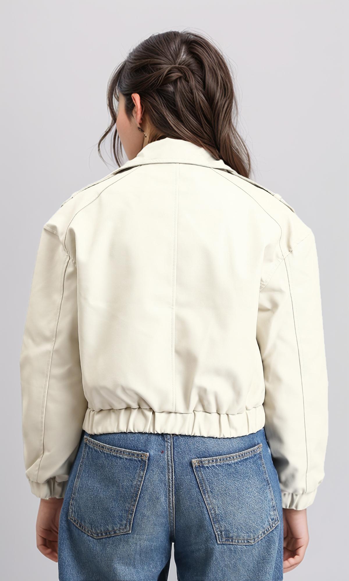 R212792 - Double Closure Leather Jacket with Hem - Light Beige