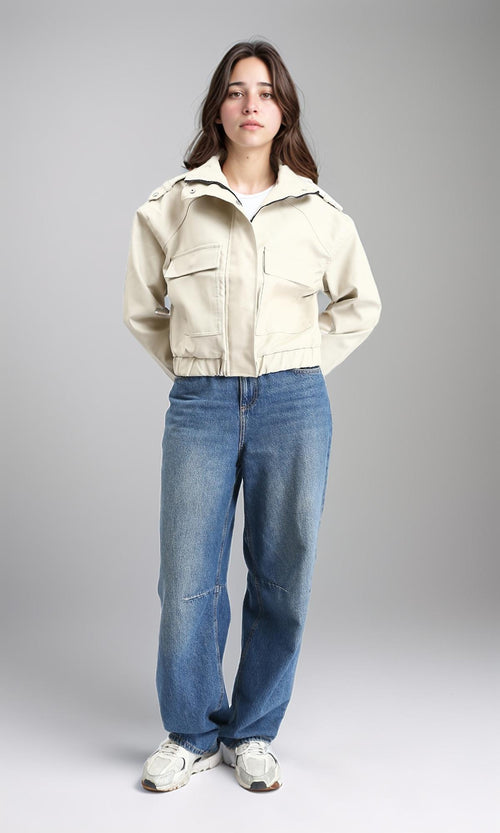 R212792 - Double Closure Leather Jacket with Hem - Light Beige