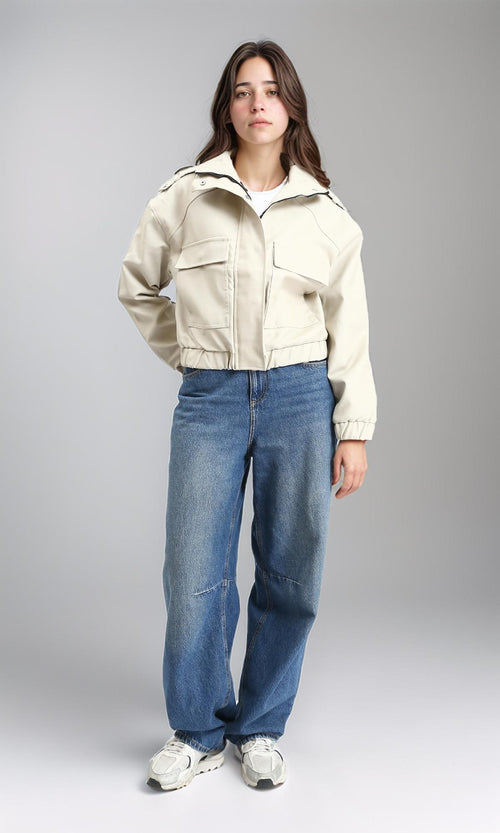R212792 - Double Closure Leather Jacket with Hem - Light Beige