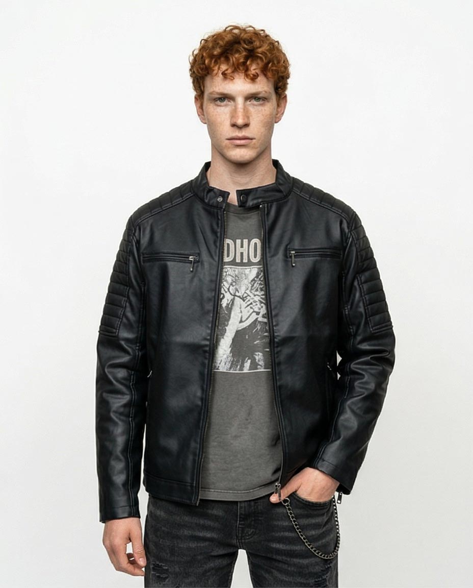 Ravin Men’s Quilted-Shoulder Moto Biker Jacket in Matte Black - R212920