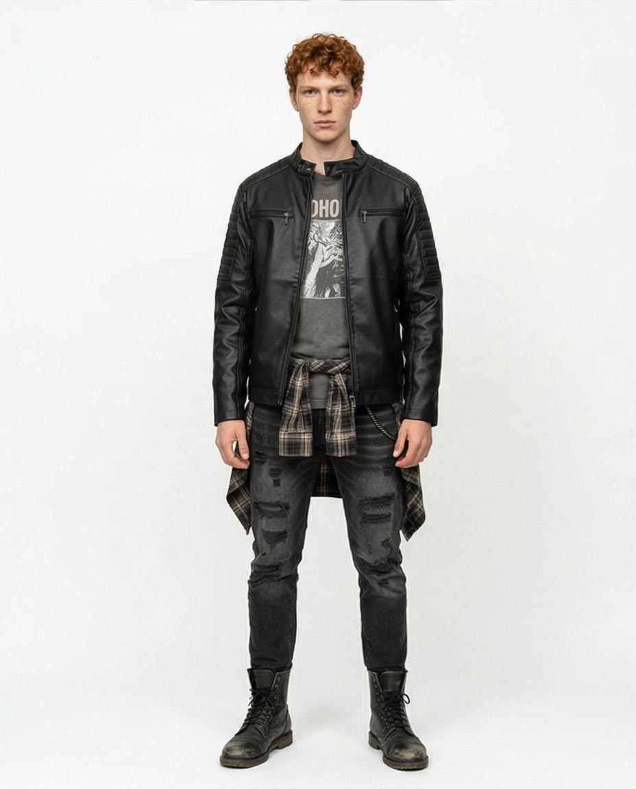 Ravin Men’s Quilted-Shoulder Moto Biker Jacket in Matte Black - R212920