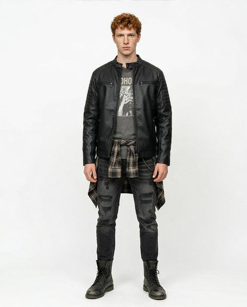 Ravin Men’s Quilted-Shoulder Moto Biker Jacket in Matte Black - R212920