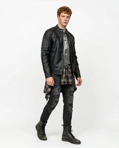 Ravin Men’s Quilted-Shoulder Moto Biker Jacket in Matte Black - R212920