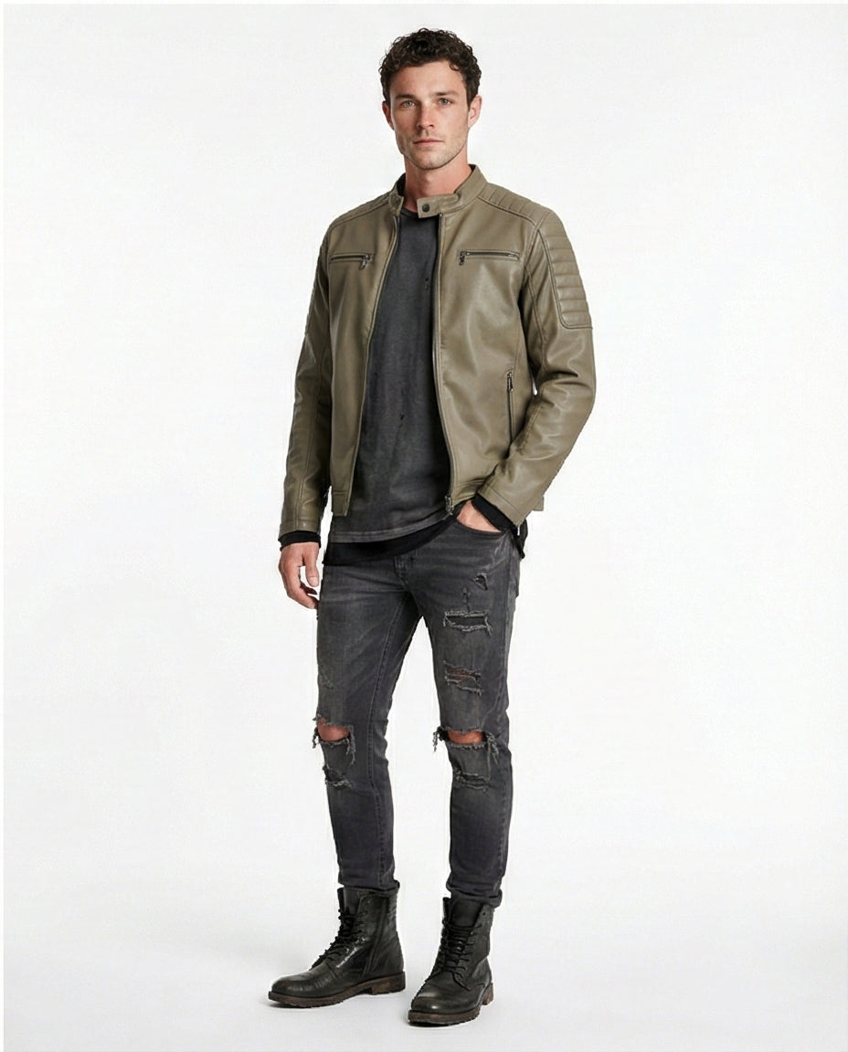 Olive Green Quilted Shoulder Faux Leather Biker Jacket