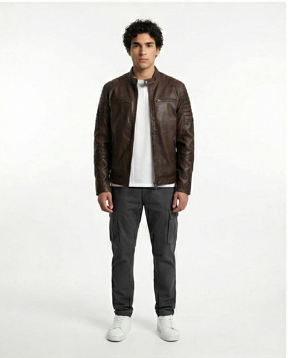 Modern Brown Moto-Inspired Faux Leather Jacket