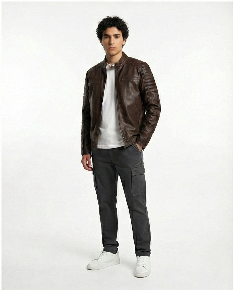 Modern Brown Moto-Inspired Faux Leather Jacket