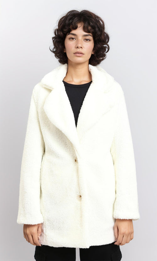 R212927 - Regular Fit Buttoned Sherpa Coat - Off-White