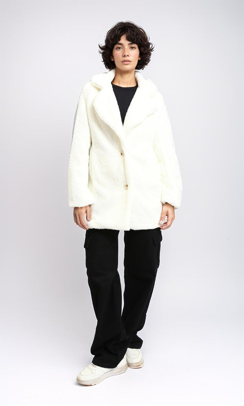 R212927 - Regular Fit Buttoned Sherpa Coat - Off-White