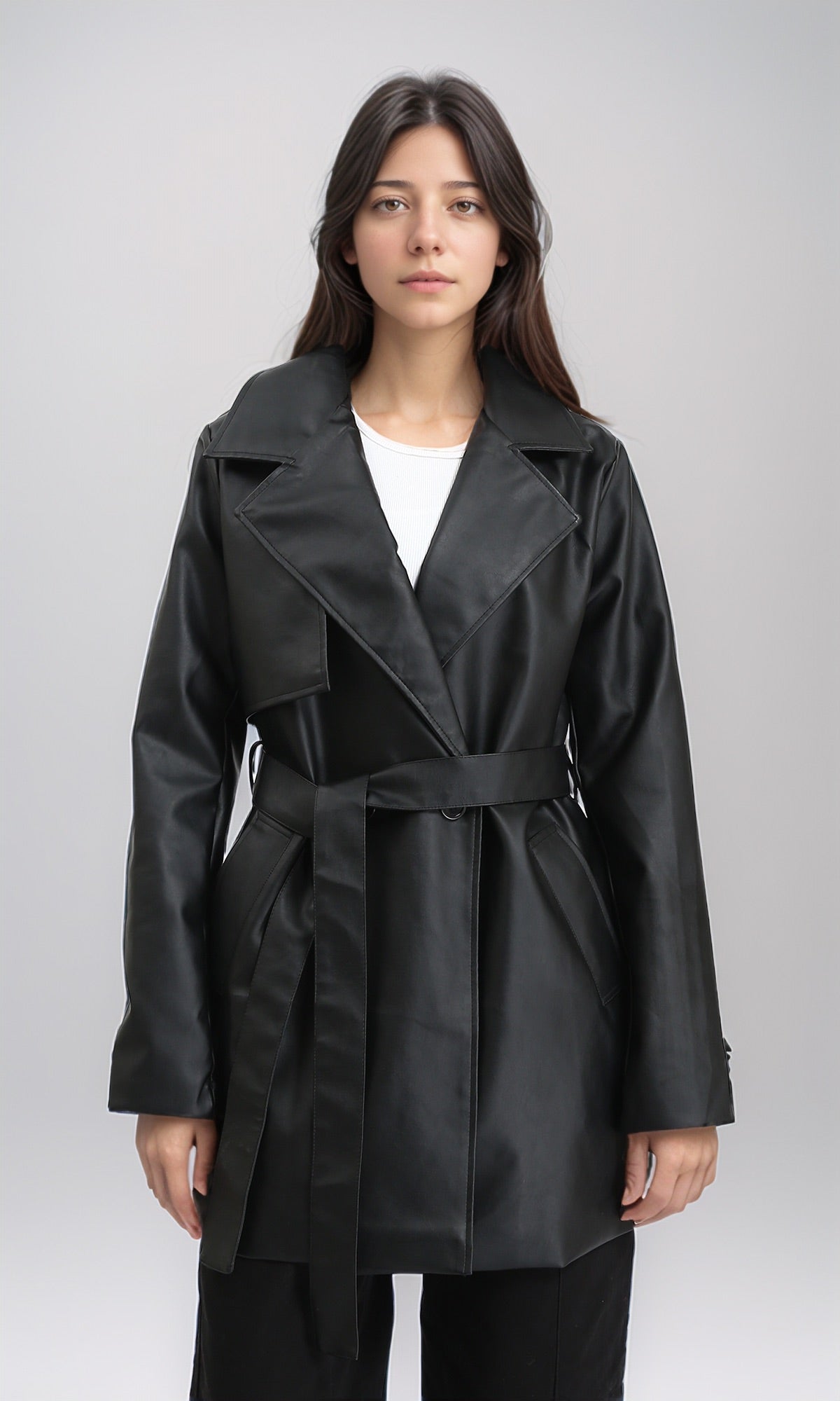 Notched Lapel Long Leather Coat with Belt - Black