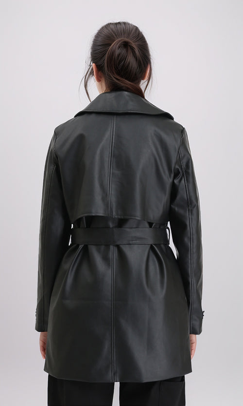 R212928 - Notched Lapel Long Leather Coat with Belt - Black