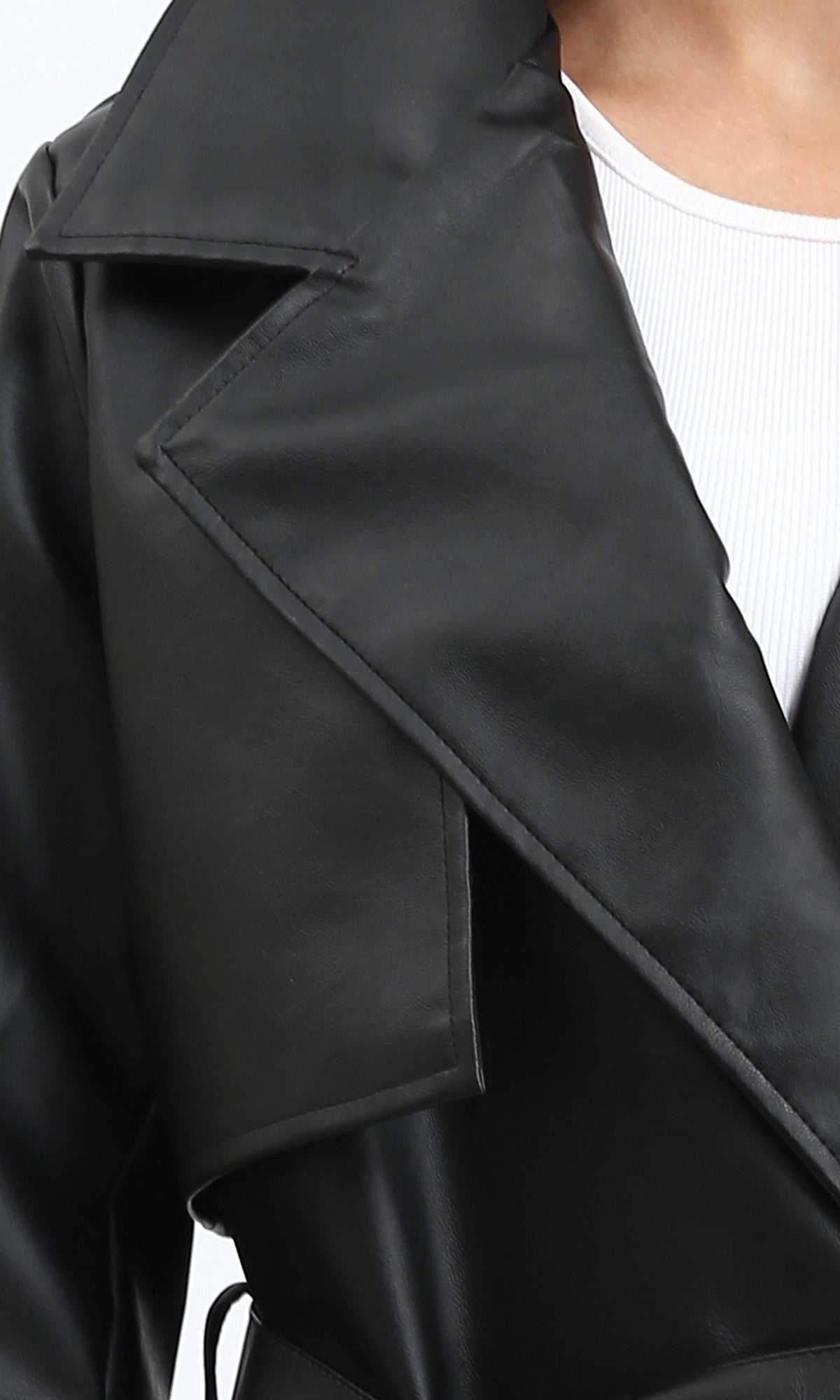 R212928 - Notched Lapel Long Leather Coat with Belt - Black